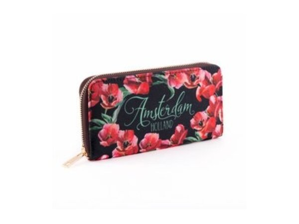 Wallet black with red tulips
