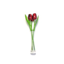 3 rode houten tulpen in een glazen vaas