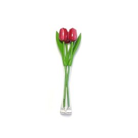 3 red - white wooden tulips in a glass vase