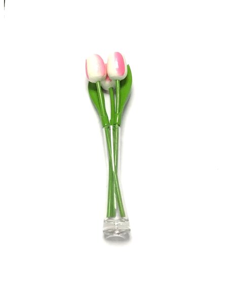 White - Pink Wooden Tulips in a Glass Vase