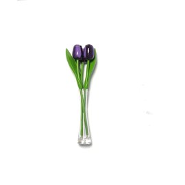 3 dark purple wooden tulips in a glass vase