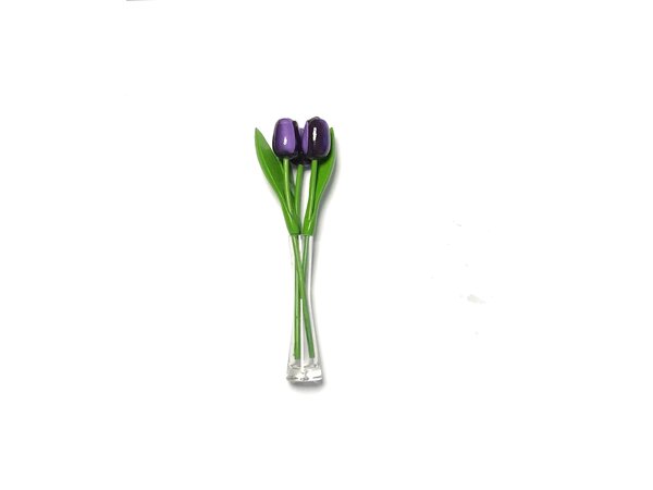 Dunkelviolette Tulpen aus Holz in einer Glasvase Dunkelviolette Tulpen aus Holz in einer Glasvase