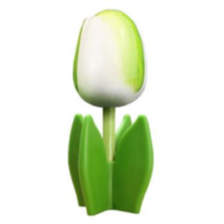 Wooden tulip on a tray with logo in various colors