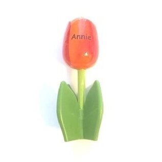 Wooden tulip on a tray with logo in various colors