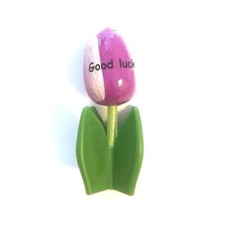 Wooden tulip on a tray with logo in various colors