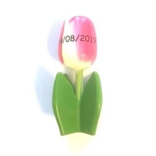 Wooden tulip on a tray with logo in various colors