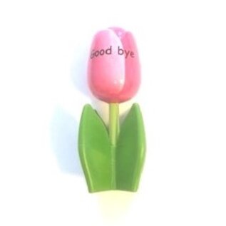 Wooden tulip on a tray with logo in various colors