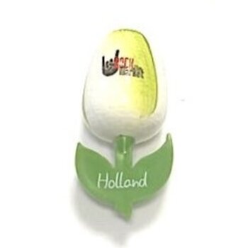 Houten tulp op een  magneet met logo groot