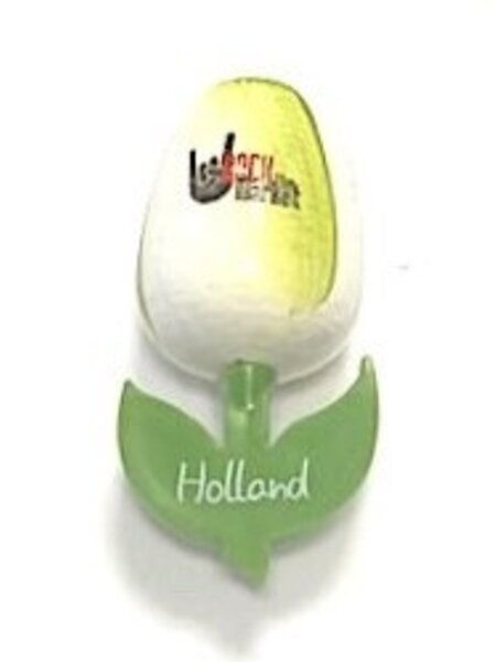 Houten tulp op een  magneet met logo groot