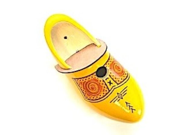 Yellow birdhouse clog with farmer's motif
