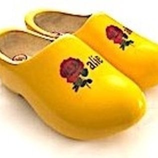 Wooden shoes with text