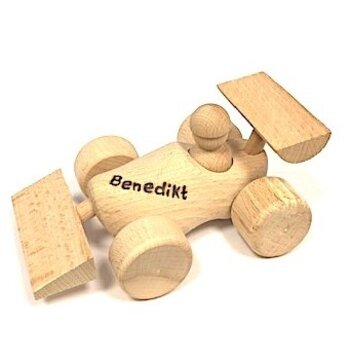 Spielzeug-Clog als Rennwagen mit Gravur ausgeführt