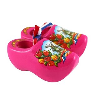 Souvenirs klompjes roze met tulpen en molen 6cm