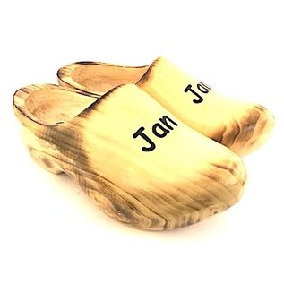 Flamed wooden shoes with name - text