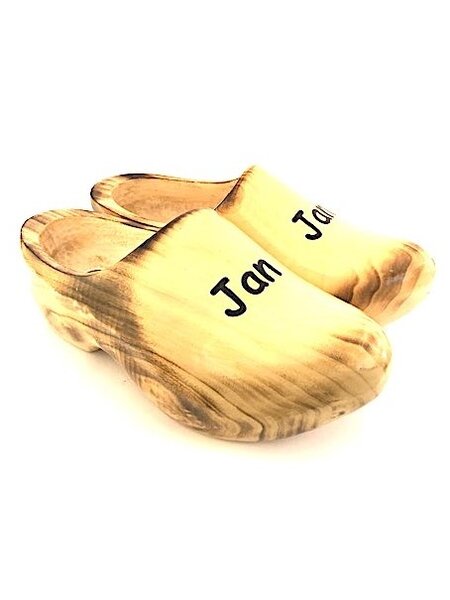 Flamed wooden shoes with name - text