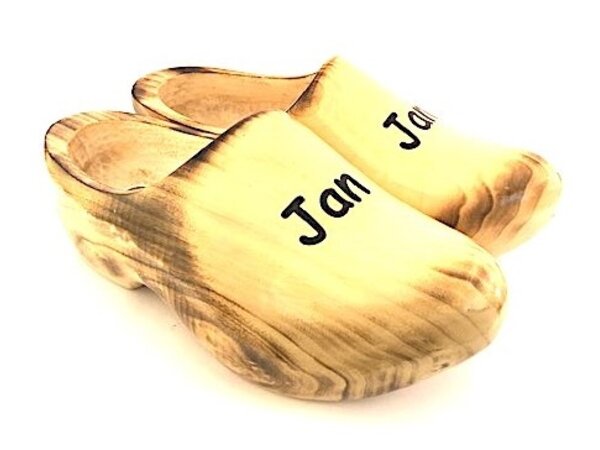 Flamed wooden shoes with name - text