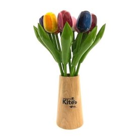 Kleine houten tulpen in een houten design vaas met logo