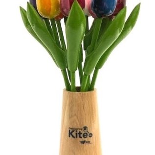 Small wooden tulips in a wooden design vase with logo