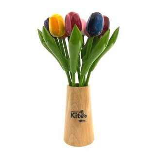 Kleine Holztulpen in einer design Holzvase mit Logo