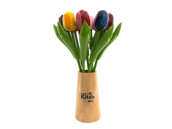 Small wooden tulips in a wooden design vase with logo