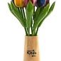 Small wooden tulips in a wooden design vase with logo