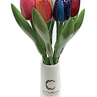 Large wooden tulips in a wooden vase with logo