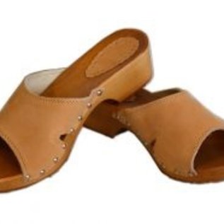 Wooden sandals with brown suede upper