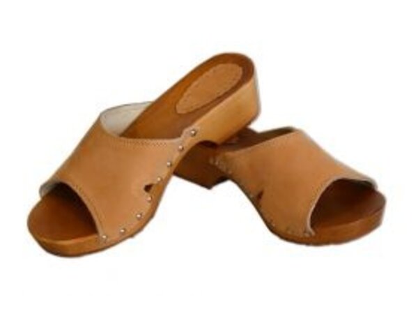 Wooden sandals with brown suede upper