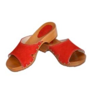 Wooden sandals with red suede upper