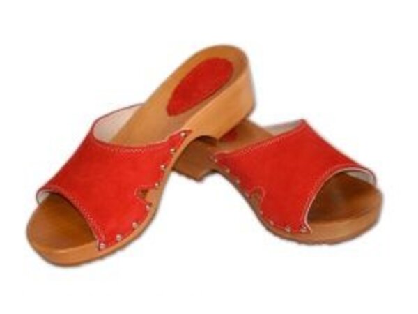 Wooden sandals with red suede upper