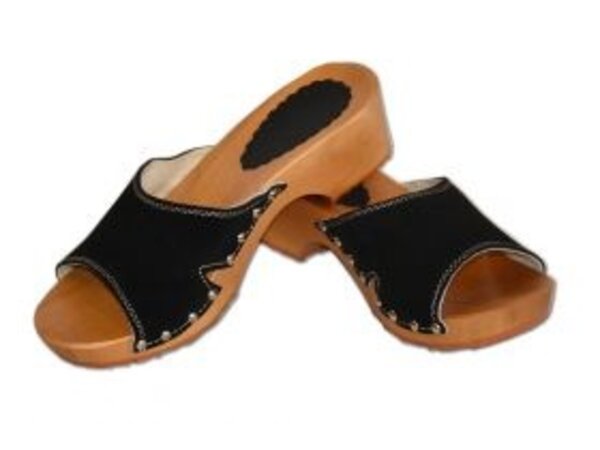 Holzsandalen mit Obermaterial aus blauem Wildleder