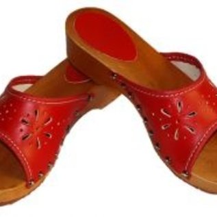Wooden sandals with red uppers