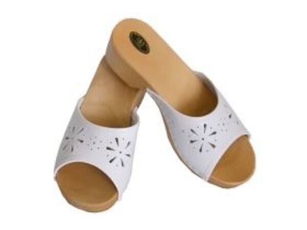 Wooden sandals with white uppers