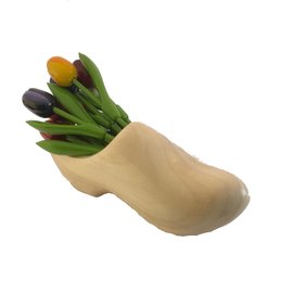 Small wooden tulips in a wooden clog with logo