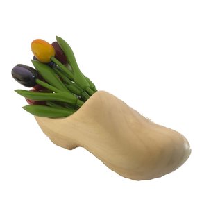 Small wooden tulips in a wooden clog with logo