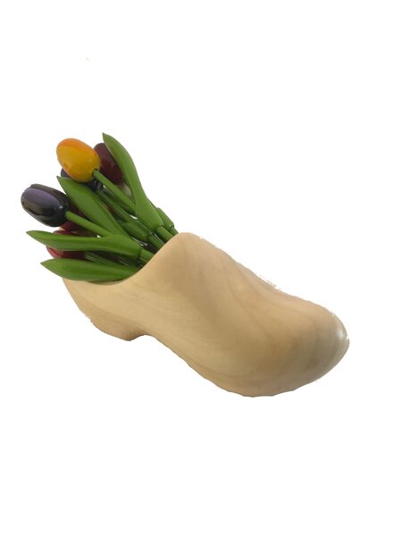 Small wooden tulips in a wooden clog with logo
