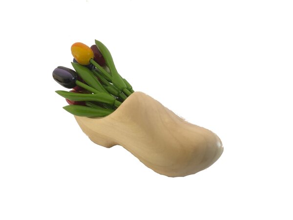 Kleine Holztulpen in einem Holzclog mit Logo
