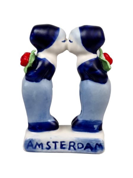 Dutch boys kissing with red tulips