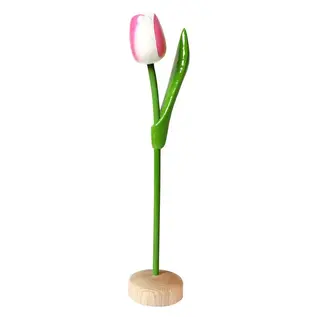 Weiß-rosa Holztulpe auf Sockel 35cm