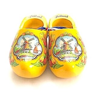 Yellow souvenir clogs 14 cm with an image of a mill and tulips
