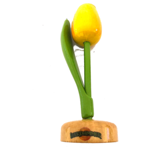 wooden tulip with logo on base in various colors