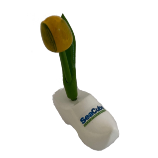 Wooden tulip on a clog with logo