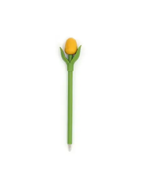 Yellow wooden tulip on a ballpoint pen
