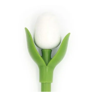 Weiße Tulpe aus Holz auf einem Kugelschreiber