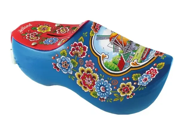 Blauer Spardose-Clog mit holländischer Windmühle