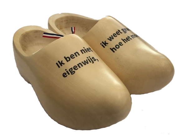 Wooden shoes with text