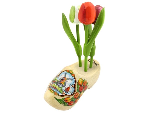 Houten tulpjes op een transparant klompje