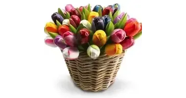 wooden tulips in a wicker basket