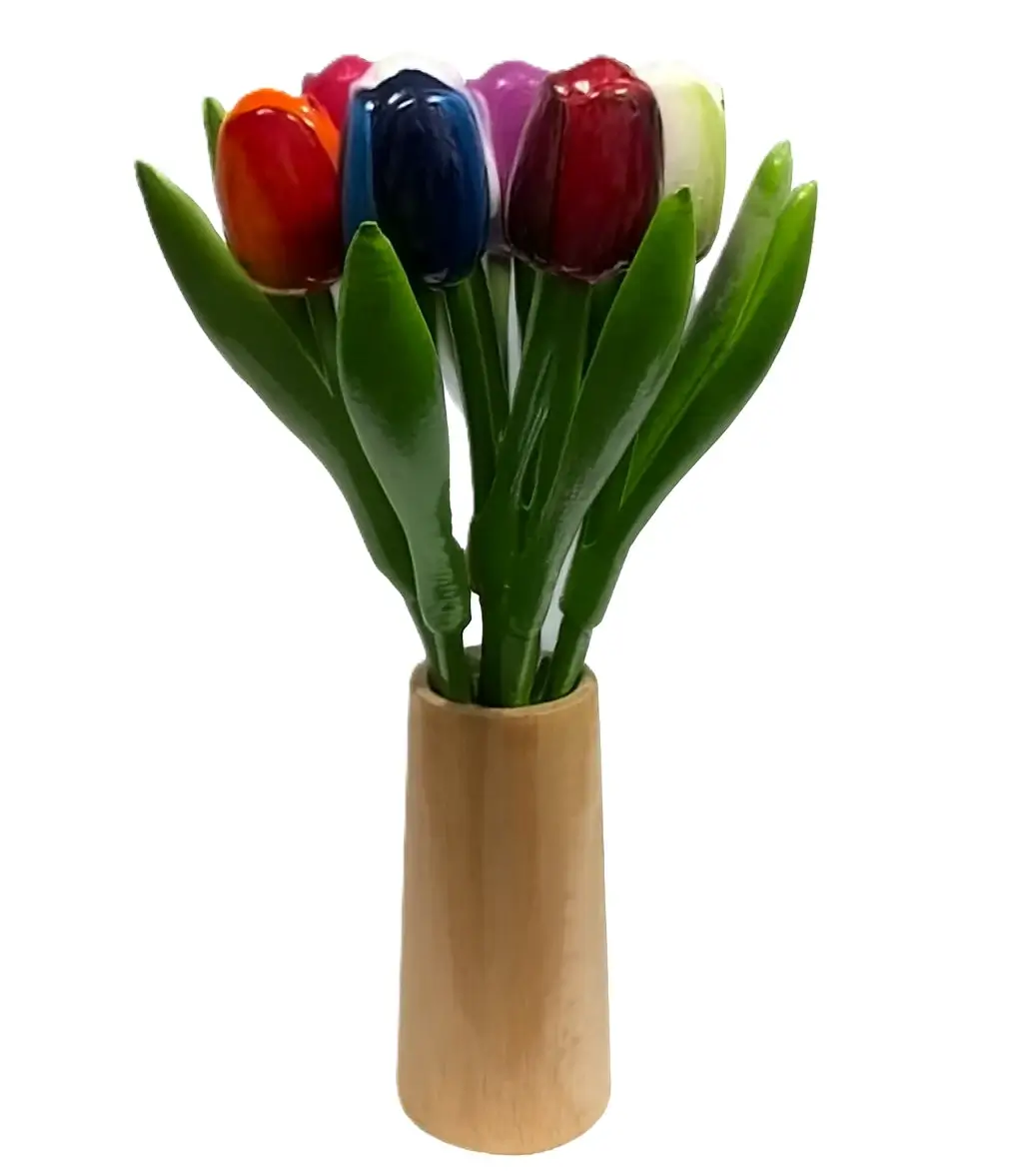 MomoMoments Wooden Tulips in Vase - 9 Artificial Flowers, Retro Decoration, White, Multicolored - 21 cm - Netherlands Gift