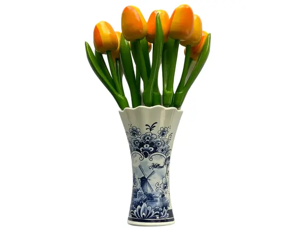 Gelbe Tulpen aus Holz in einer Delfter Blauvase